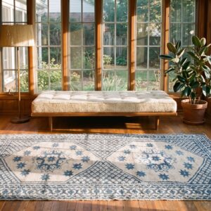 Geometric Star Pattern Antique White and Blue Color Cotton Agra Rug (SKU 20368) - room view
