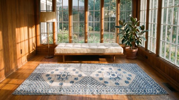 Geometric star pattern antique white and blue color cotton agra rug 7 Geometric star pattern antique white and blue color cotton agra rug (sku 20368) - room view
