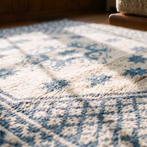 Geometric Star Pattern Antique White and Blue Color Cotton Agra Rug (SKU 20368) - in-room detail