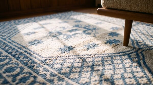 Geometric star pattern antique white and blue color cotton agra rug 8 Geometric star pattern antique white and blue color cotton agra rug (sku 20368) - in-room detail