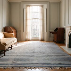 Geometric Stripes Blue and White Color Large Antique Indian Cotton Dhurrie Rug (SKU 24150) - room view