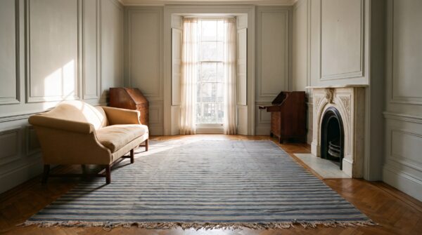 Geometric stripes blue and white color large antique indian cotton dhurrie rug 9 Geometric stripes blue and white color large antique indian cotton dhurrie rug (sku 24150) - room view