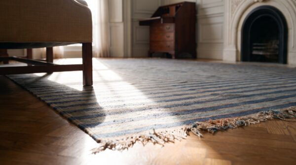 Geometric stripes blue and white color large antique indian cotton dhurrie rug 10 Geometric stripes blue and white color large antique indian cotton dhurrie rug (sku 24150) - in-room detail