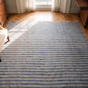 Geometric Stripes Blue and White Color Large Antique Indian Cotton Dhurrie Rug (SKU 24150) - styled overhead view