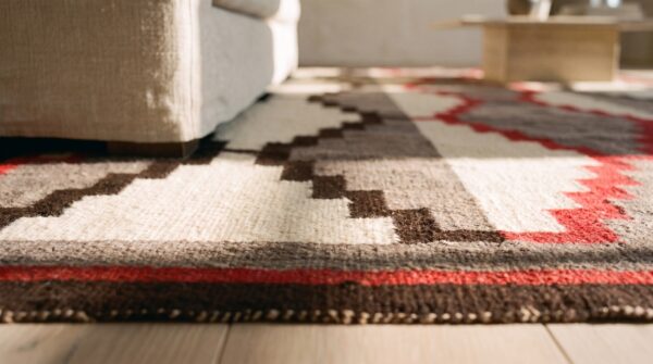 Gray antique wool 1930s square flat weave navajo rug (sku 24134) - in-room detail
