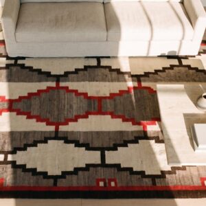 Gray Antique Wool 1930s Square Flat Weave Navajo Rug (SKU 24134) - styled overhead view