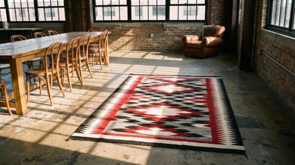 Gray antique allover geometric 1930s wool rectangle flat weave rug 11 Gray antique allover geometric 1930s wool rectangle flat weave rug (sku 20823) - room view
