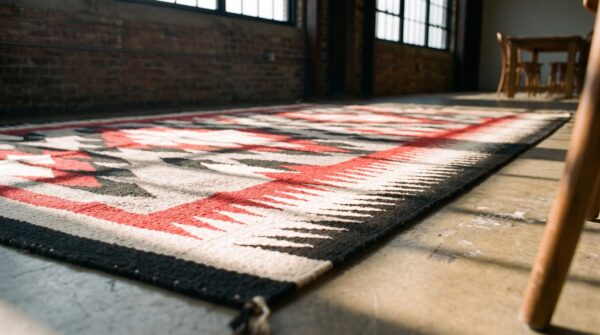 Gray antique allover geometric 1930s wool rectangle flat weave rug 12 Gray antique allover geometric 1930s wool rectangle flat weave rug (sku 20823) - in-room detail