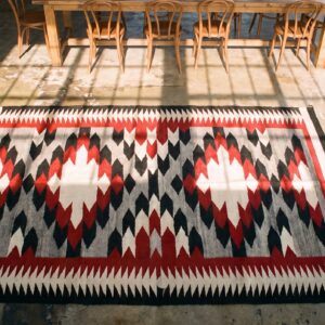 Gray Antique Allover Geometric 1930s Wool Rectangle Flat Weave Rug (SKU 20823) - styled overhead view