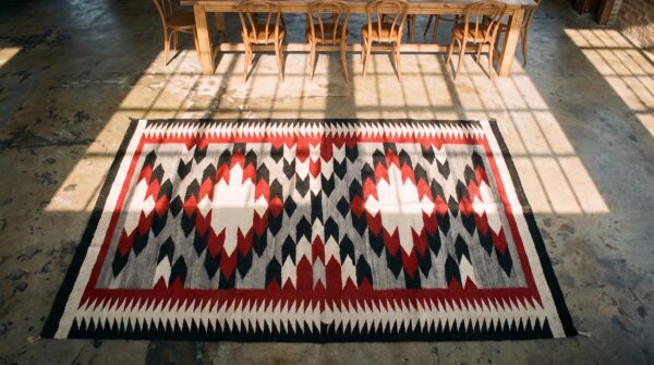Gray antique allover geometric 1930s wool rectangle flat weave rug 2 Gray antique allover geometric 1930s wool rectangle flat weave rug (sku 20823) - styled overhead view