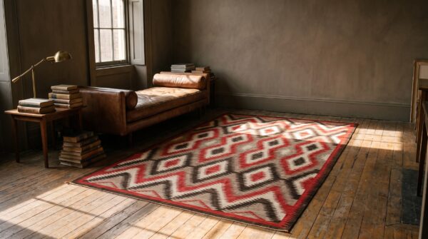Gray antique allover tribal geometric native american flat weave navajo rug 8 Gray antique allover tribal geometric native american flat weave navajo rug (sku 20372) - room view