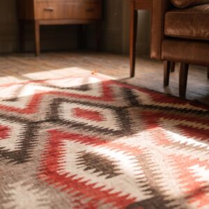 Gray Antique Allover Tribal Geometric Native American Flat Weave Navajo Rug (SKU 20372) - in-room detail