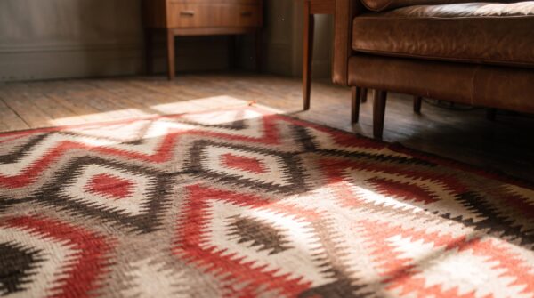 Gray antique allover tribal geometric native american flat weave navajo rug 9 Gray antique allover tribal geometric native american flat weave navajo rug (sku 20372) - in-room detail