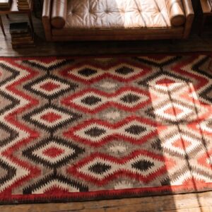 Gray Antique Allover Tribal Geometric Native American Flat Weave Navajo Rug (SKU 20372) - styled overhead view