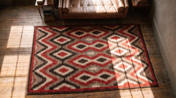 Gray antique allover tribal geometric native american flat weave navajo rug 2 Gray antique allover tribal geometric native american flat weave navajo rug (sku 20372) - styled overhead view