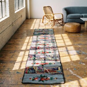 Gray Antique American Floral Folk Art Hooked Hallway Runner Rug (SKU 19637) - room view