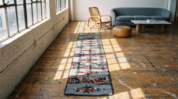 Gray antique american floral folk art hooked hallway runner rug 11 Gray antique american floral folk art hooked hallway runner rug (sku 19637) - room view