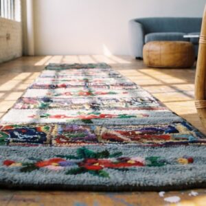 Gray Antique American Floral Folk Art Hooked Hallway Runner Rug (SKU 19637) - in-room detail