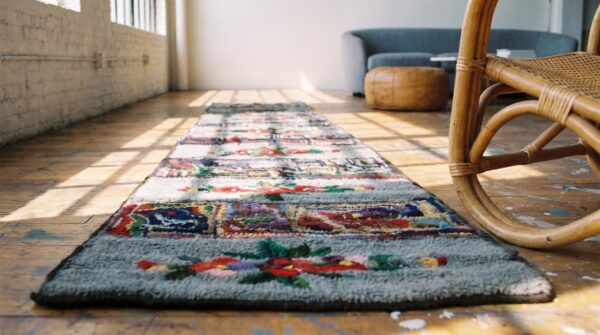 Gray antique american floral folk art hooked hallway runner rug 12 Gray antique american floral folk art hooked hallway runner rug (sku 19637) - in-room detail