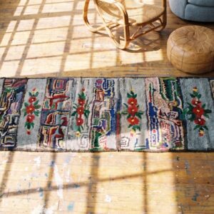 Gray Antique American Floral Folk Art Hooked Hallway Runner Rug (SKU 19637) - styled overhead view