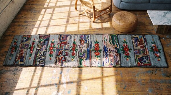 Gray antique american floral folk art hooked hallway runner rug 2 Gray antique american floral folk art hooked hallway runner rug (sku 19637) - styled overhead view
