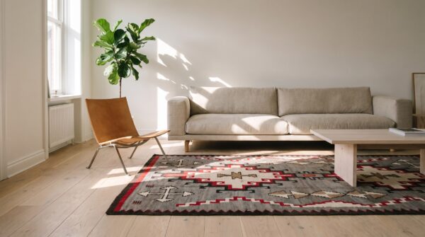 Antique gray background tribal geometric flatwoven native american navajo rug 10 Antique gray background tribal geometric flatwoven native american navajo rug (sku 20893) - room view