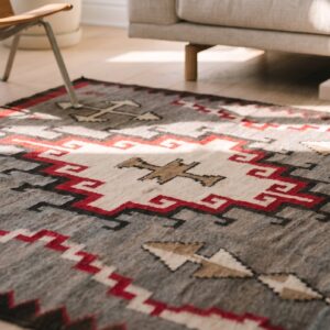 Antique Gray Background Tribal Geometric Flatwoven Native American Navajo Rug (SKU 20893) - in-room detail