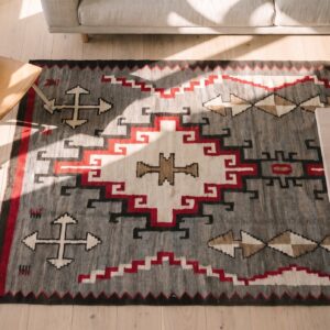 Antique Gray Background Tribal Geometric Flatwoven Native American Navajo Rug (SKU 20893) - styled overhead view