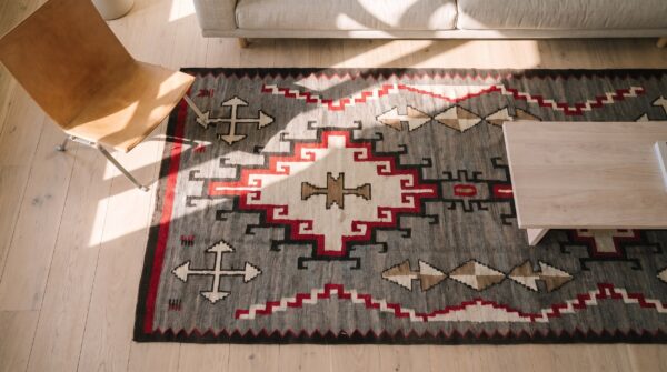 Antique gray background tribal geometric flatwoven native american navajo rug 2 Antique gray background tribal geometric flatwoven native american navajo rug (sku 20893) - styled overhead view