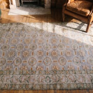 Gray Color Artistic Allover Design Antique Small Size Agra Rug (SKU 19972) - styled overhead view
