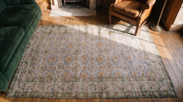 Gray color artistic allover design antique small size agra rug 2 Gray color artistic allover design antique small size agra rug (sku 19972) - styled overhead view