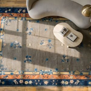 Antique Gray Color Floral Pattern Chinese Room Size Peking Rug (SKU 23112) - styled overhead view