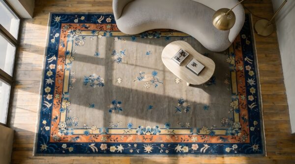 Antique gray color floral pattern chinese room size peking rug (sku 23112) - styled overhead view