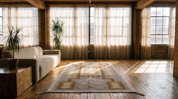 Gray geometric 1930s antique flat weave rectangle wool rug 6 Gray geometric 1930s antique flat weave rectangle wool rug (sku 21422) - room view