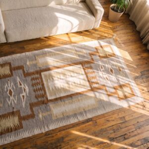 Gray Geometric 1930s Antique Flat Weave Rectangle Wool Rug (SKU 21422) - styled overhead view