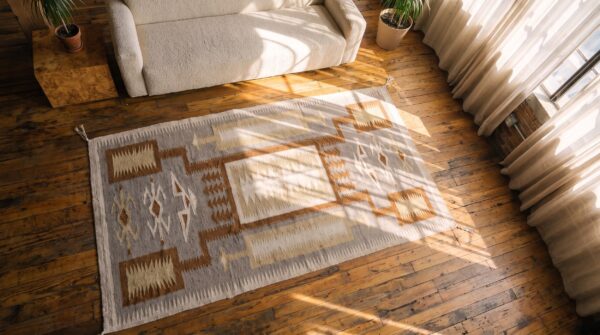 Gray geometric 1930s antique flat weave rectangle wool rug 2 Gray geometric 1930s antique flat weave rectangle wool rug (sku 21422) - styled overhead view
