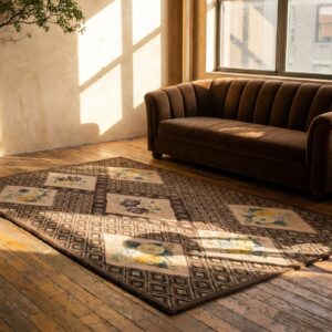 Gray Geometric Diamond Design With Ivory Floral Inlay Sections Antique American Folk Art Hooked Rug (SKU 19247) - room view