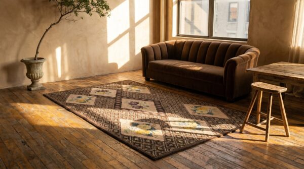 Gray geometric diamond design with ivory floral inlay sections antique american folk art hooked rug 6 Gray geometric diamond design with ivory floral inlay sections antique american folk art hooked rug (sku 19247) - room view