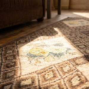 Gray Geometric Diamond Design With Ivory Floral Inlay Sections Antique American Folk Art Hooked Rug (SKU 19247) - in-room detail