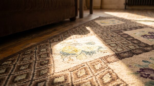 Gray geometric diamond design with ivory floral inlay sections antique american folk art hooked rug 7 Gray geometric diamond design with ivory floral inlay sections antique american folk art hooked rug (sku 19247) - in-room detail