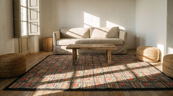 Antique wool gray hooked - loop pile rug 8 Antique wool gray hooked - loop pile rug (sku 19089) - room view