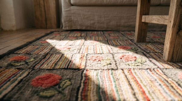 Antique wool gray hooked - loop pile rug 9 Antique wool gray hooked - loop pile rug (sku 19089) - in-room detail