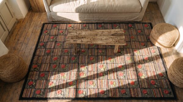 Antique wool gray hooked - loop pile rug 2 Antique wool gray hooked - loop pile rug (sku 19089) - styled overhead view