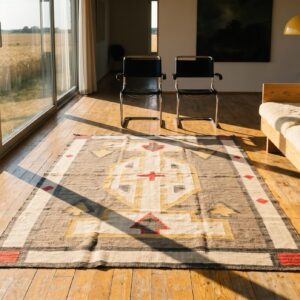 Gray Primitive Tribal Geometric Design Antique Navajo Flat Weave Native American Area Rug (SKU 21435) - room view