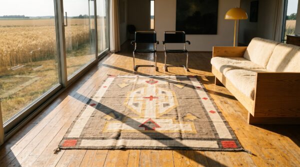 Gray primitive tribal geometric design antique navajo flat weave native american area rug 7 Gray primitive tribal geometric design antique navajo flat weave native american area rug (sku 21435) - room view
