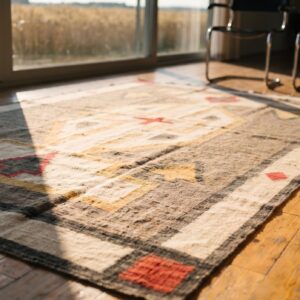 Gray Primitive Tribal Geometric Design Antique Navajo Flat Weave Native American Area Rug (SKU 21435) - in-room detail