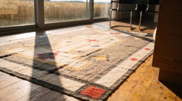 Gray primitive tribal geometric design antique navajo flat weave native american area rug 8 Gray primitive tribal geometric design antique navajo flat weave native american area rug (sku 21435) - in-room detail