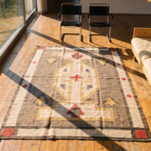 Gray Primitive Tribal Geometric Design Antique Navajo Flat Weave Native American Area Rug (SKU 21435) - styled overhead view