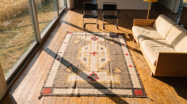 Gray primitive tribal geometric design antique navajo flat weave native american area rug 2 Gray primitive tribal geometric design antique navajo flat weave native american area rug (sku 21435) - styled overhead view
