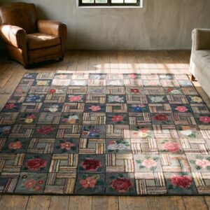 Gray Antique Small Square American Floral Basket Weave Folk Art Hooked Rug (SKU 18365) - room view